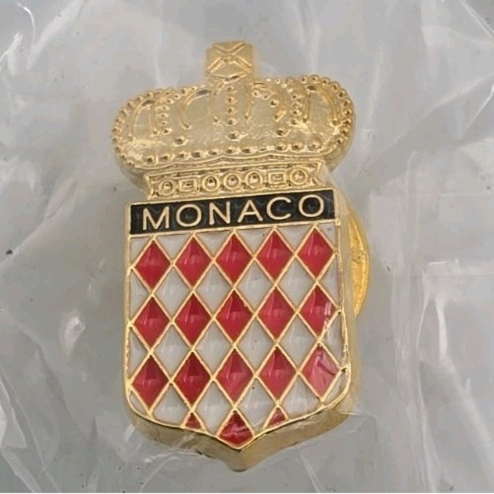 Vintage Monaco Principality Crest Enamel Pin Badge Grimaldi Coat of Arms Gold